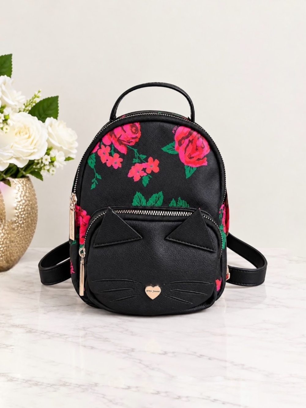 Betsey Johnson Mini Backpack Rose & Black Cat Face NWT